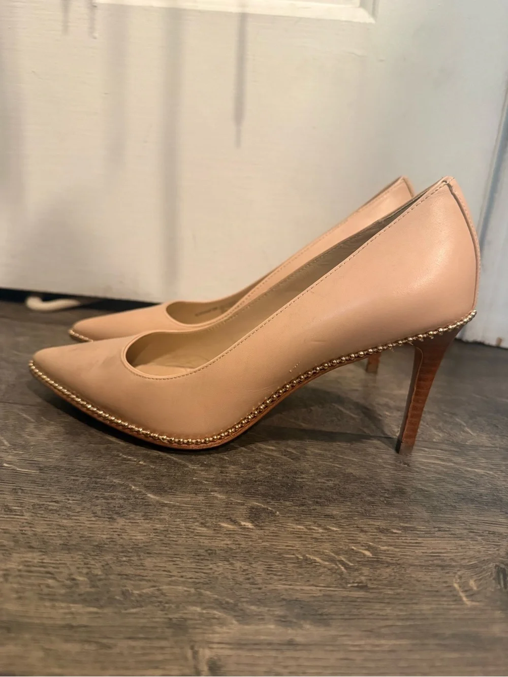 Coach Nude Pointed-Toe Stiletto Heels with Gold Trim